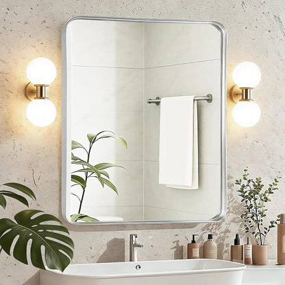 Silver Bathroom Vanity Mirror Over Sink 30x36, Large Wall Chrome Mirror | Fabuday Matte Metal Brushed Nickel Framed Rectangle Mirror for Living Room, Bedroom, Entryway Decor, Wall Mounted