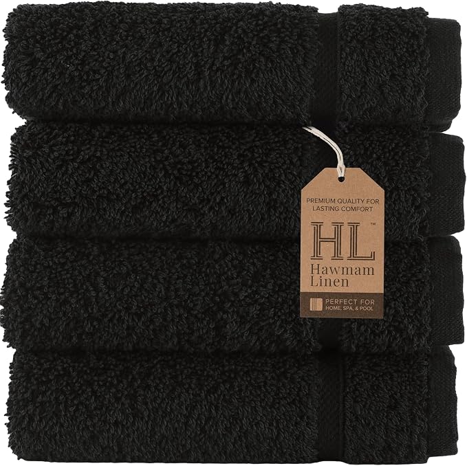 Washcloth Linen Set Premium Original Turkish Cotton, Hotel Quality for Maximum Softness & Absorbency for Face, Hand, Kitchen & Cleaning (Black, Washcloth Set)