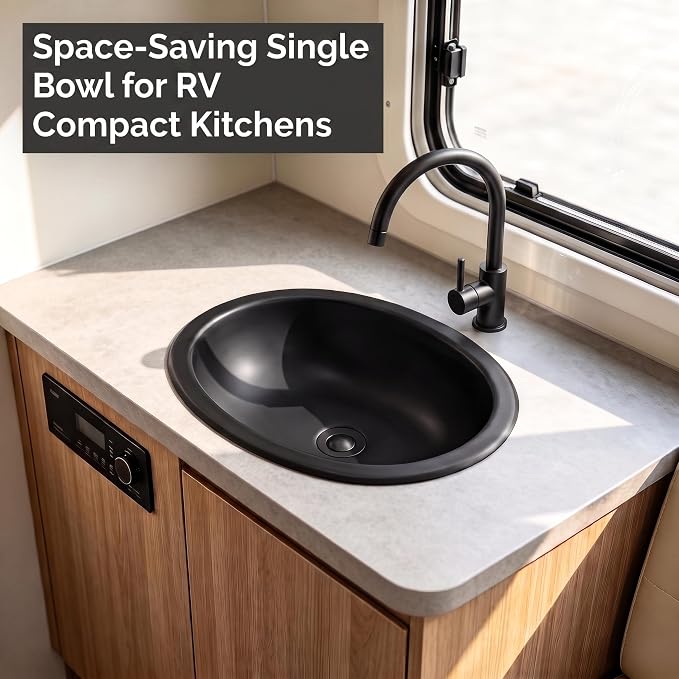 LQS Black Oval RV Sink, 16.73 x 11.81 Inch Stainless Steel RV Bathroom Sink | Drop-In RV Kitchen Sink for Campers, Compact Black Bathroom Sink with 5.12-Inch Bowl and Pop-Up Drain Assembly Included