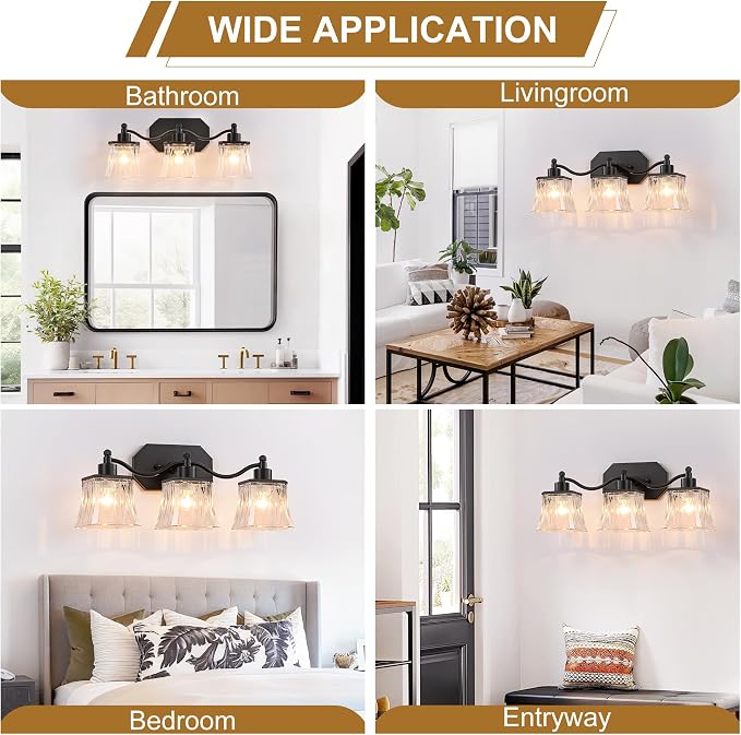 3-Light Matte Black Vanity Light, Vintage Crystal Glass Shades | Rust & Humidity Resistant Iron Frame,Mounted Over Mirror, Compatible with E26 Bulbs for Bathroom, Bedroom & Hallway