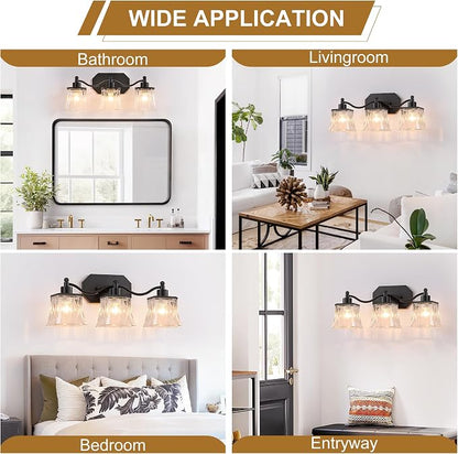 3-Light Matte Black Vanity Light, Vintage Crystal Glass Shades | Rust & Humidity Resistant Iron Frame,Mounted Over Mirror, Compatible with E26 Bulbs for Bathroom, Bedroom & Hallway