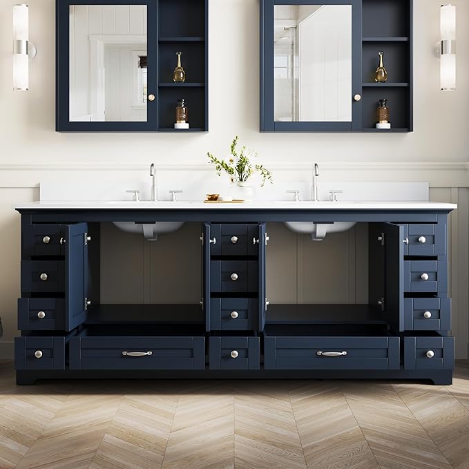 WELLFOR 84 Inch Bathroom Vanity with Double Sinks, Bathroom Freestanding Vanity W/4 Soft-Close Doors and 14 Drawers, Large Storage Space Vanity, Cultured Marble Countertop Vanities (Navy Blue)