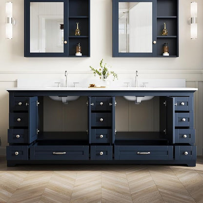 WELLFOR 84 Inch Bathroom Vanity with Double Sinks, Bathroom Freestanding Vanity W/4 Soft-Close Doors and 14 Drawers, Large Storage Space Vanity, Cultured Marble Countertop Vanities (Navy Blue)