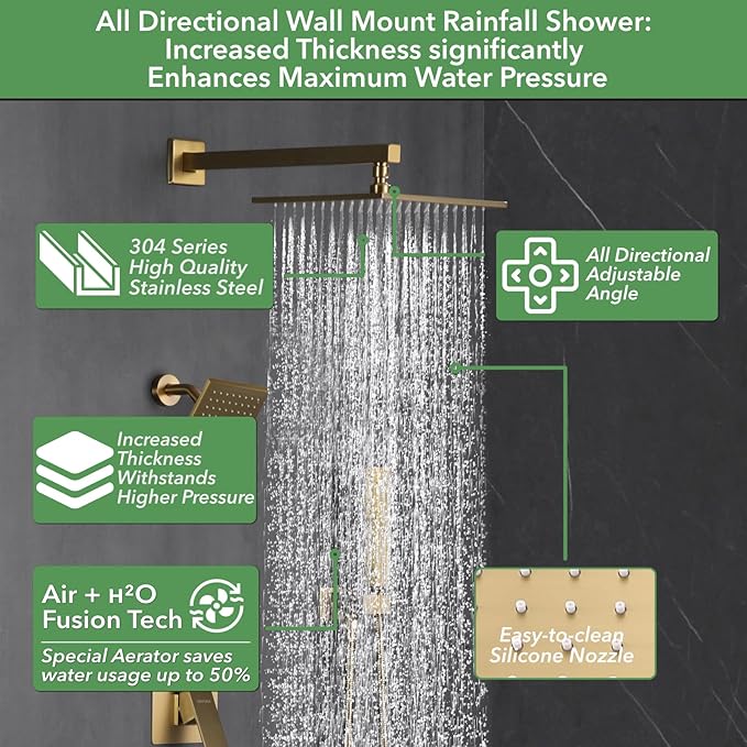 VANFOXLE Shower Faucet Set Brushed Gold Shower System,Push Button Diverter Shower Faucet with 2 in 1 Handheld, Wall Mount Increased Thickness 10 Inch Shower Head with 6 Inch Shower Head