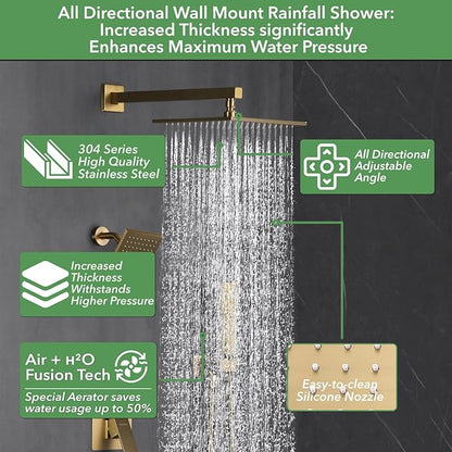 VANFOXLE Shower Faucet Set Brushed Gold Shower System,Push Button Diverter Shower Faucet with 2 in 1 Handheld, Wall Mount Increased Thickness 10 Inch Shower Head with 6 Inch Shower Head