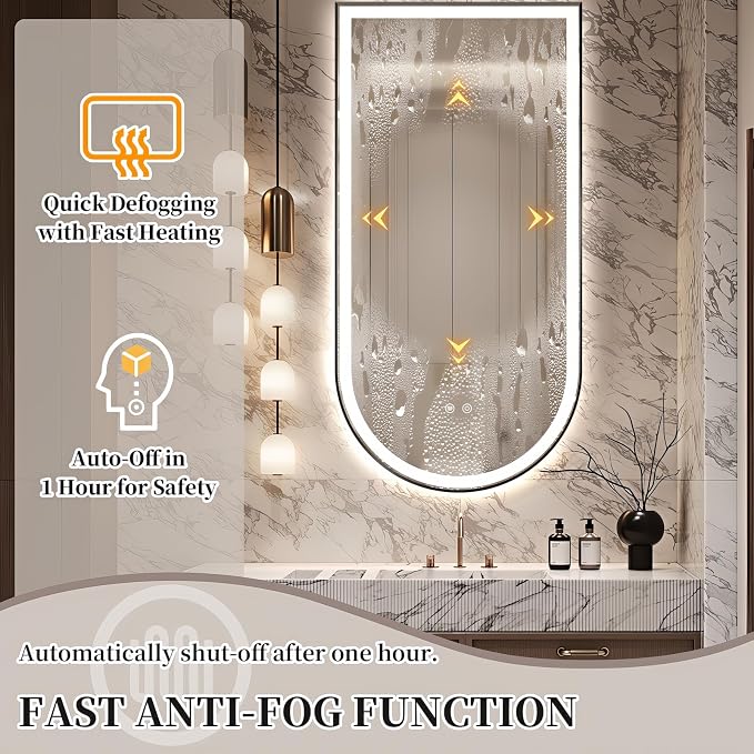 Arched LED Bathroom Mirror, 48"x24" Arch Backlit Vanity Mirror with Lights, Frontlit, Dimmable, 3 Colors, Memory Function, Anti-Fog Smart Mirror, Black Frame, Shatterproof, Vertical-Inverted