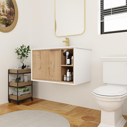 30 Inch Bathroom Vanity with White Sink Combo, Wall-Mounted Bathroom Vanity for Small Space, Bathroom Cabinet with 1 Door&Side Shelf