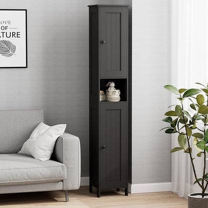 Tall Bathroom Storage Cabinet with 2 Doors, 67"H Narrow Storage Cabinet with Adjustable Shelves& Anti-Tip Design, Reversible Door Installation, Easy Assembly, 11.8 x 11.8 x 66.9 Inches, Black