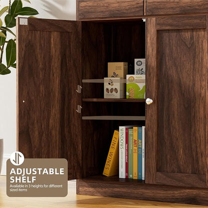 Walsunny Floor Storage Cabinet, Organizer with Doors and Drawers, Freestanding Side Cupboard Pantry with Adjustable Shelf for Bathroom/Living Room, Walnut Brown