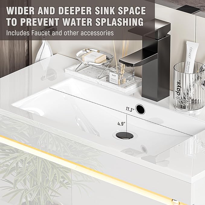 Spurgehom 30 inch Bathroom Vanity with Sink and Faucet, Floating Vanity Bathroom Cabinet with Lights, Modern Wall Mounted Storage Cabinet with Soft-Close System, White