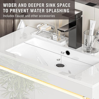 Spurgehom 30 inch Bathroom Vanity with Sink and Faucet, Floating Vanity Bathroom Cabinet with Lights, Modern Wall Mounted Storage Cabinet with Soft-Close System, White