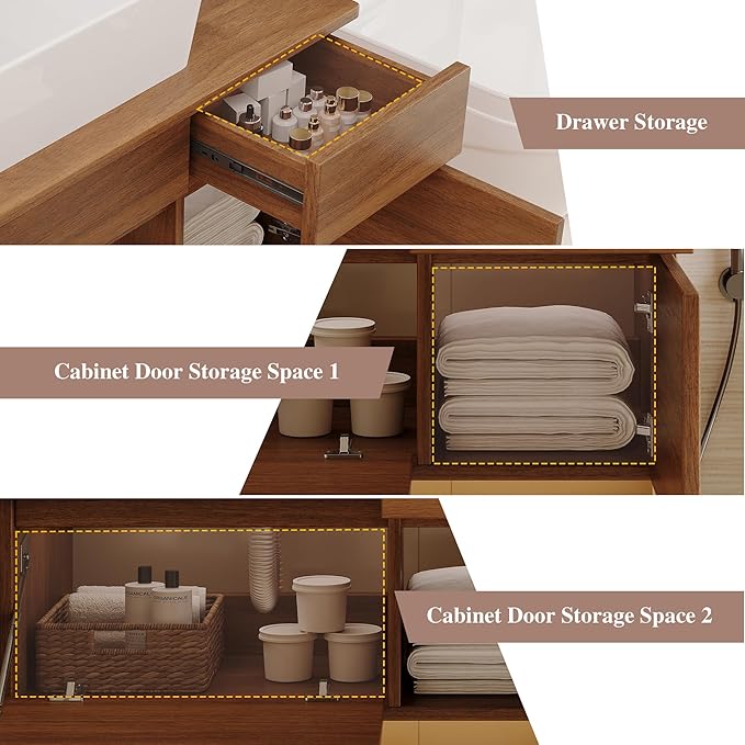31.5 inch Wood Bathroom Vanity with Sink Combo, Wall Mounted Bathroom Cabinet with Ceramic Vessel Sink, 2 Soft Close Doors & Sliding Drawer, Floating Modern Bathroom Vanity for Small Space, Walnut