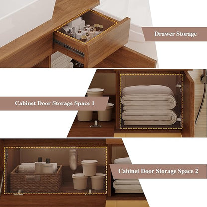 31.5 inch Wood Bathroom Vanity with Sink Combo, Wall Mounted Bathroom Cabinet with Ceramic Vessel Sink, 2 Soft Close Doors & Sliding Drawer, Floating Modern Bathroom Vanity for Small Space, Walnut