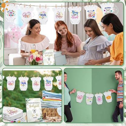 Panitay 126 Pcs Baby Shower DIY Bodysuit Set Bib 25 Blank White Newborn Bodysuit 25 Stencils 24 Marker 1 Sign 50 Pins(Greenery)