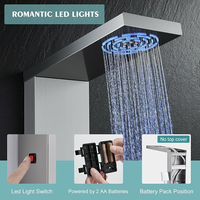 Shower Panel Tower System for Bathroom - 5 In 1 Full Body Shower Tower With Led, Rainfall Shower Head With Powerful Body Jets, Handheld Shower and Tub Spout, Brushed Finish