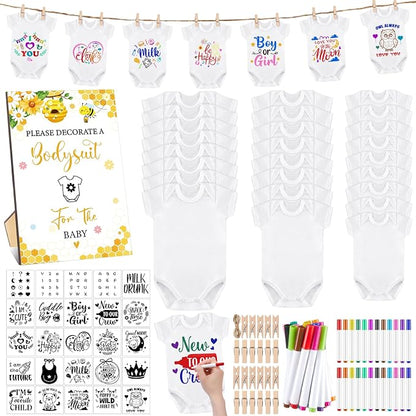 Panitay 126 Pcs Baby Shower DIY Bodysuit Set Bib 25 Blank White Newborn Bodysuit 25 Stencils 24 Marker 1 Sign 50 Pins(Bee)