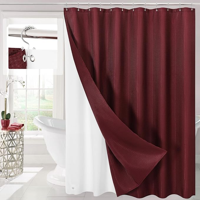 3 in 1 Burgundy Shower Curtain with PEVA Liner, 12 Hooks, 72x72 | Luxury Weighted Fabric Shower Curtain Set, 12 Stainless Steel Double-Sided Hooks, Water Repellent, Bathroom Decor