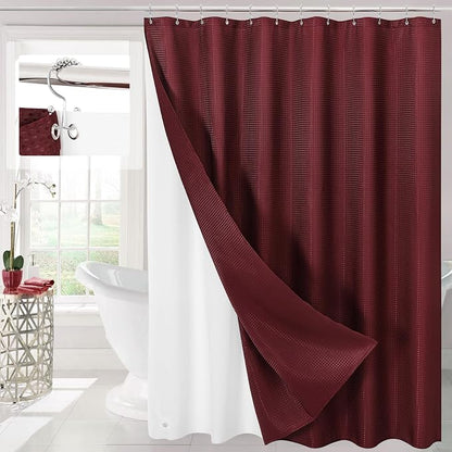 3 in 1 Burgundy Shower Curtain with PEVA Liner, 12 Hooks, 72x72 | Luxury Weighted Fabric Shower Curtain Set, 12 Stainless Steel Double-Sided Hooks, Water Repellent, Bathroom Decor