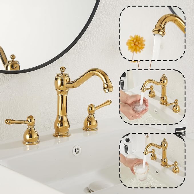 2 Handles 3 Holes Faucet Widespread Bathroom Sink Faucet Basin Tap Mixer Supply Hose Included Matching Pop Up Drain Polished Gold