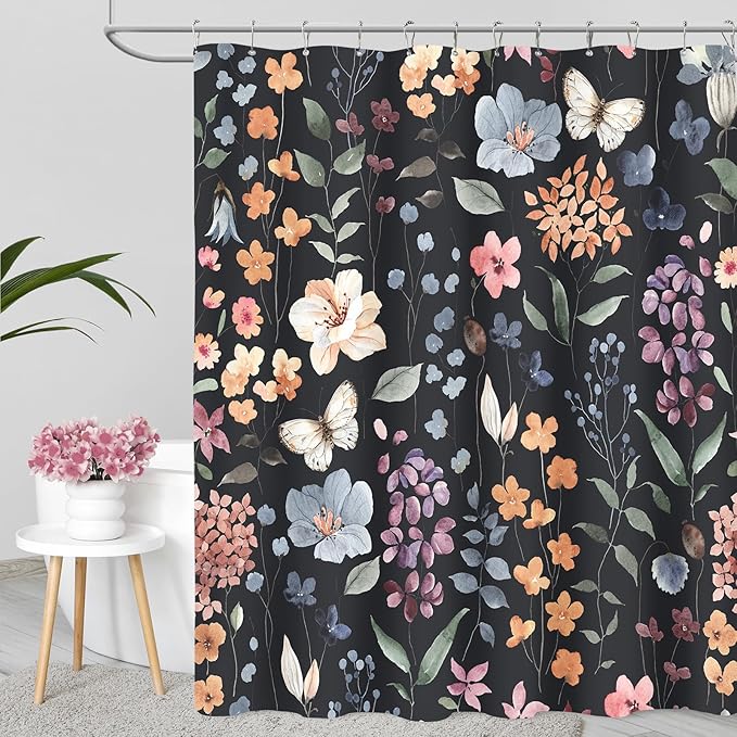 Extra Long Shower Curtain 72 x 84 Inch, Tall Black Floral Shower Curtain for Bathroom, Colorful Watercolor Wildflower Boho Vintage Trendy Fabric Shower Curtain Set with Hooks