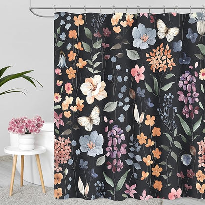 Extra Long Shower Curtain 72 x 96 Inch, Floor to Ceiling X-Long Black Floral Shower Curtain, Colorful Watercolor Wildflower Boho Vintage Trendy Fabric Shower Curtain Set with Hooks