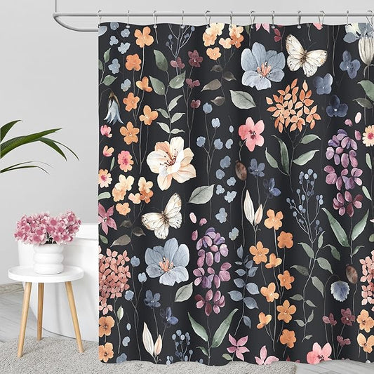 Extra Long Shower Curtain 72 x 96 Inch, Floor to Ceiling X-Long Black Floral Shower Curtain, Colorful Watercolor Wildflower Boho Vintage Trendy Fabric Shower Curtain Set with Hooks