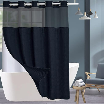 Conbo Mio Extra Long No Hook Waffle Weave Shower Curtain with Snap in Liner Set, Hotel Luxury Black Shower Curtains for Bathroom with See Through Top Window, Waterproof, Washable 71W x 84H