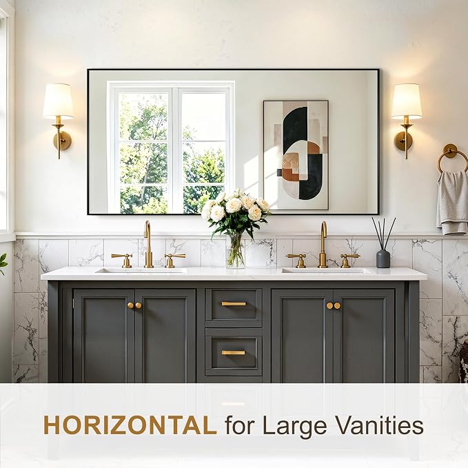 Rectangular Bathroom Mirror, 60"x30" Black Metal Framed Vanity Mirror | HD Shatterproof Wall Mirror, Horizontal or Vertical Hanging, Easy Installation for Bathroom, Bedroom, Living Room, Entryway
