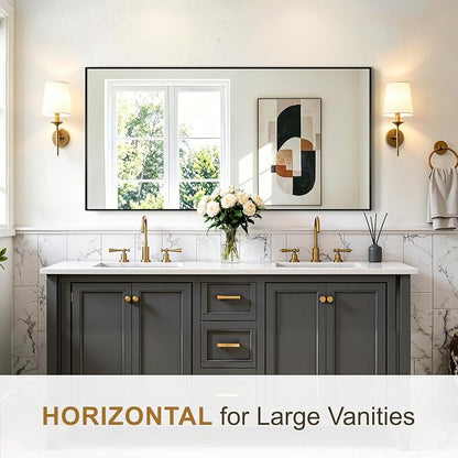 Rectangular Bathroom Mirror, 60"x30" Black Metal Framed Vanity Mirror | HD Shatterproof Wall Mirror, Horizontal or Vertical Hanging, Easy Installation for Bathroom, Bedroom, Living Room, Entryway