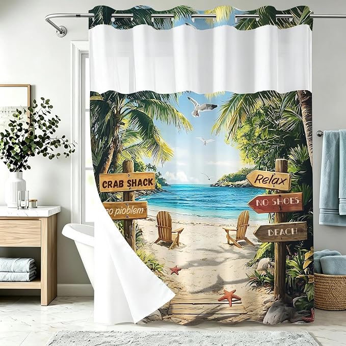 Summer Luxury Beach No Hook Shower Curtain Ocean Modern Coastal Palm Tree | Pretty Tropical No Hook Shower Curtain with Snap in Liner, Waterproof Ringless Shower Curtains for Bathroom 72x74 Inch Green