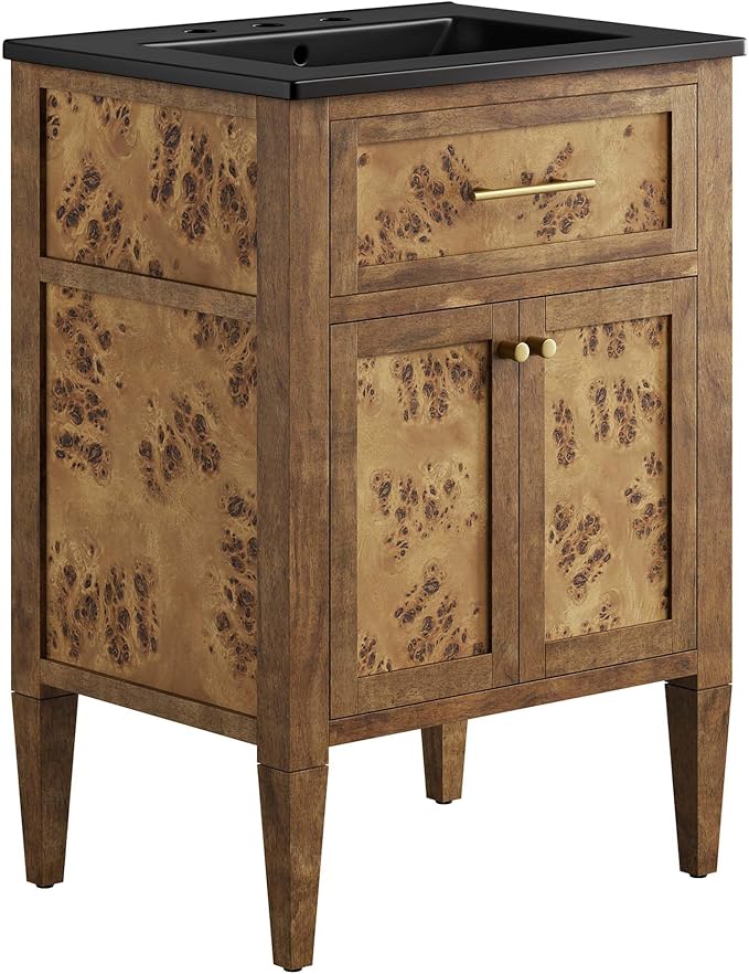 Modway Elysian 24" Burl Wood Bathroom Vanity in Black Brown with Ceramic Sink Basin