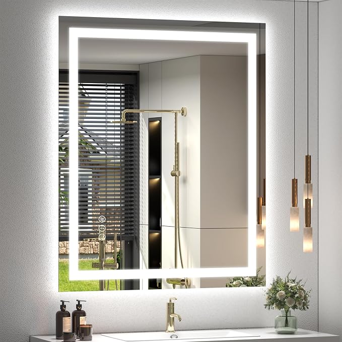 30x36 LED Lighted Bathroom Mirror for Vanity Wall | Front Light and Backlit, Anti-Fog, Memory, 3 Color, Tempered Glass, Dimmable, Rectangular, UL, Horizontal/ Vertical Mounted