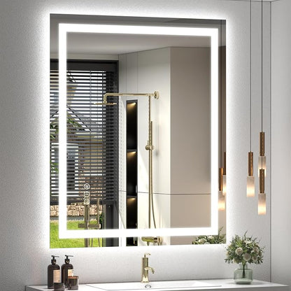 30x36 LED Lighted Bathroom Mirror for Vanity Wall | Front Light and Backlit, Anti-Fog, Memory, 3 Color, Tempered Glass, Dimmable, Rectangular, UL, Horizontal/ Vertical Mounted