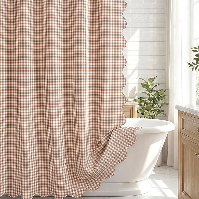 HunnmingRe Scalloped Gingham Shower Curtain Taupe | 72'' x 72'' Vintage Farmhouse Curtain, Cotton Cottage Core Rural Checkered Plaid Decor, Fall Shower Curtain for Bathroom