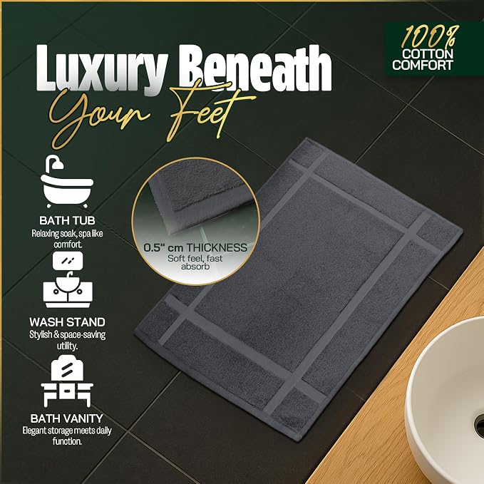 Pearl Linens 100% Ring Spun Cotton Bath Mat (Pack of 12) 20 x 30 Inch, Washable, Soft & Absorbent Terry Bathroom Floor Mat – Not Bathroom Rugs – Quick-Dry After Shower Bath Mat, 687 GSM, Dark Grey