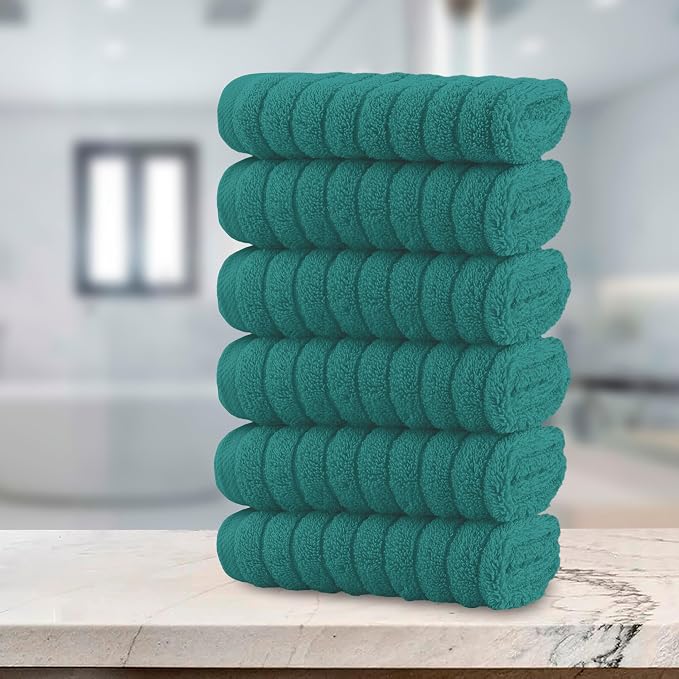 Elegant Comfort 100% Turkish Cotton Corduroy Ribbed Luxury Washcloths 6 Pack Soft 13 x 13 Inch - Higly Absorbent, Durable, Quick Dry, Spa Premium Hotel Quality for Bathroom or Travel, Turquoise
