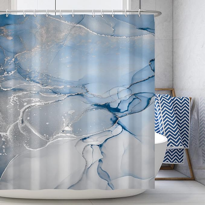 AWERT Blue Marble Shower Curtain for Bathroom Modern Blue White Marble Ink Shower Curtain with Hooks Washable Bathroom Accessories Bathtub Decor 60x72inch