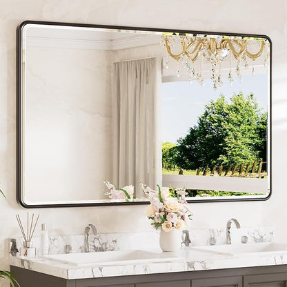 Black Framed Bathroom Mirror 60 x 36 Large Beveled Edge Tempered Glass, Rounded Corner Rectangle Bathroom Mirror for Modern Bathroom, Living Room, Bedroom, Entryway