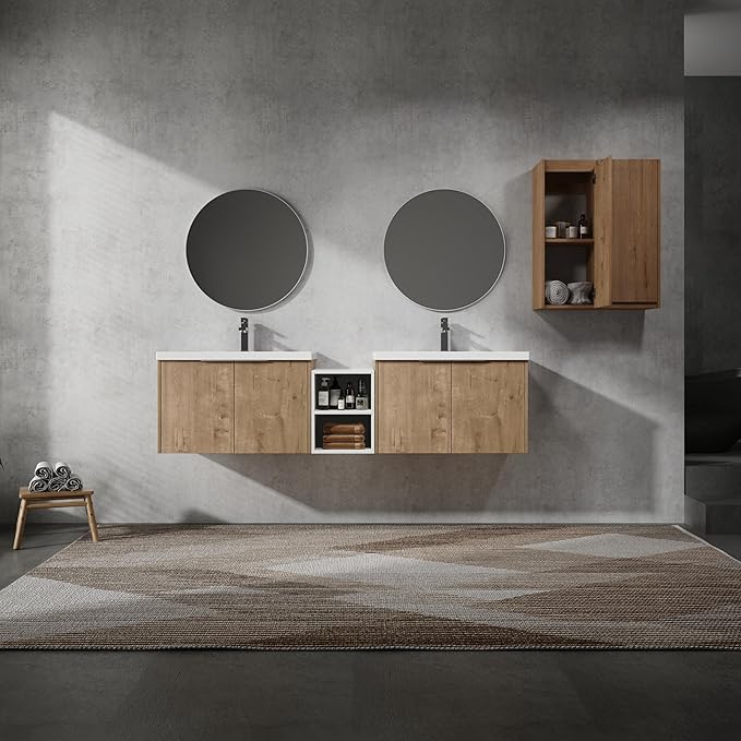 72" Floating Double Sink Bathroom Vanity Brown Wall Mount Bathroom Vanity Cabinet with Sink Combo, 72-Inch Bathroom Vanities Set with Open Storage Shelf & 2 Side Cabinet & 2 30in Bathroom Vanities