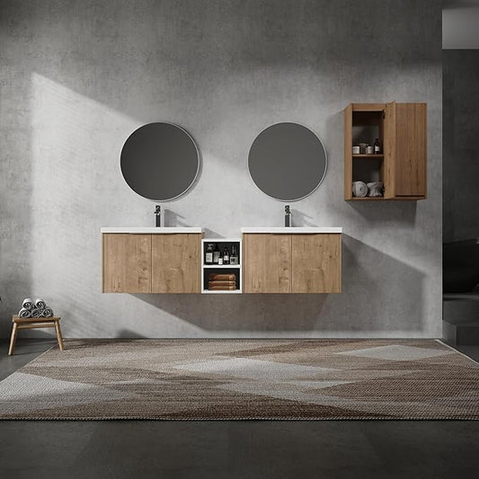 72" Floating Double Sink Bathroom Vanity Brown Wall Mount Bathroom Vanity Cabinet with Sink Combo, 72-Inch Bathroom Vanities Set with Open Storage Shelf & 2 Side Cabinet & 2 30in Bathroom Vanities