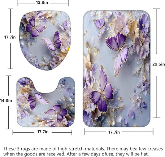 Chrainy 4pcs Purple Butterfly Shower Cutain Set Bathroom Decor with Rugs | Floral Bath Accessories with Waterproof Curtain, Bath Mat, Toilet Lid Cover, U-Shaped Rug and 12 Hooks for Washroom, 71*71in