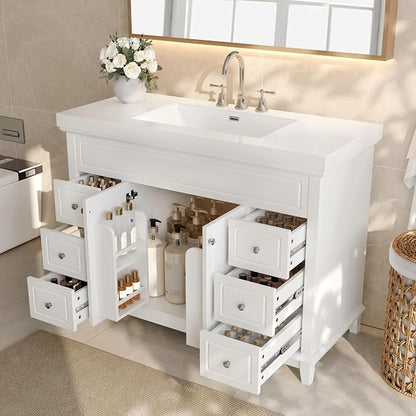 Harper & Bright Designs 48" Bathroom Vanity Set with Sink, Free Standing Single Basin Vanity Set with 2 Soft-Close Doors and 6 Drawers, Wood Storage Cabinet with Resin Basin for Bathroom, White