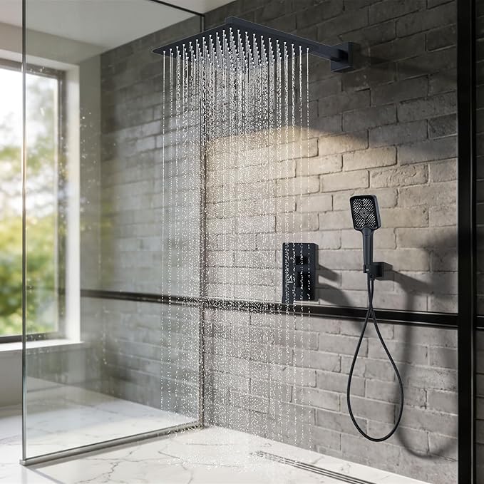 Shower System Modern Rain Brass Faucet Set With Valve and Diverter Shower Mixer With Handheld High Pressure Square Rainfall Shower Valve (12'' Wall Mount, Matte Black)