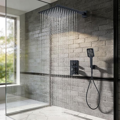 Shower System Modern Rain Brass Faucet Set With Valve and Diverter Shower Mixer With Handheld High Pressure Square Rainfall Shower Valve (12'' Wall Mount, Matte Black)