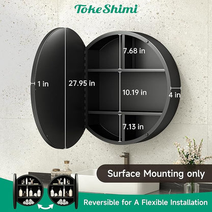 TokeShimi 28 Inch Round Medicine Cabinet for Bathroom with Mirror Surface Mount Only Black Metal Framed Mirrored Bathroom Cabinet Large Modern Farmhouse Circle Wall Mounted Vanity Mirror with Storage