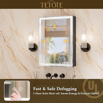 TETOTE 20 x 26 Lighted Bathroom Medicine Cabinet with Adjustable Shelves, Black Aluminum Cabinet, Anti-Fog Stepless Dimmable 3 Colors White/Warm/Natural, Easy to Install(Wall Mount/Recessed)