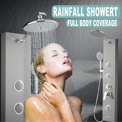Shower Panel Tower System with Adjustable Shower Head, Self-Cleaning Shower Tower with 2-Setting Powerful Body Jets and 5-Function Handheld Shower, Shower Column Brushed Stainless Steel