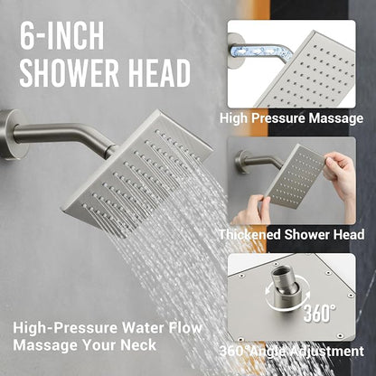 Thermostatic Dual Shower Head System, Brushed Nickel Shower Faucet | 12 Inch Ceiling Rainfall Shower, 6 Inch Wall Mount Head, High Pressure Handheld Sprayer, Push Button Valve