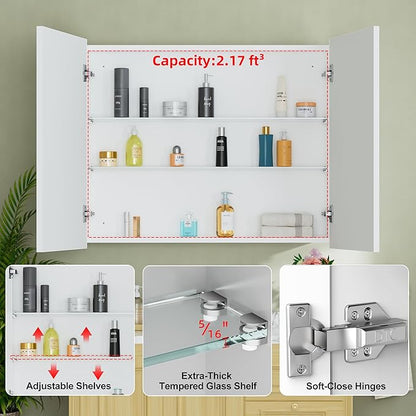 Buruis 36" x 30" Framed Medicine Cabinet with Mirror, Recessed or Wall Mounted Bathroom Cabinet, Adjustable Tempered Glass Shelves, Left/Right Open Reversible, No Assembly Required, White