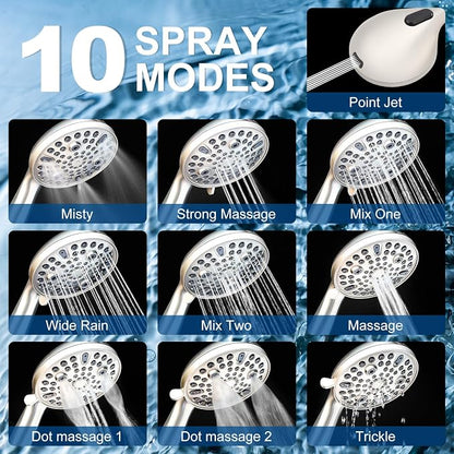 Shower Head with Handheld - Extra Long Hose and All Metal Holder, Low Flow | All Metal Holder and Long Hose, Multi Mode Adjustment High Pressure Showerhead Sprayer